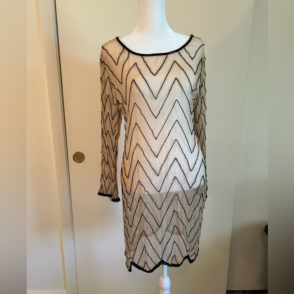 KC Chaudry Elegant Chevron Long Sleeve Shear Dress Swim Cover